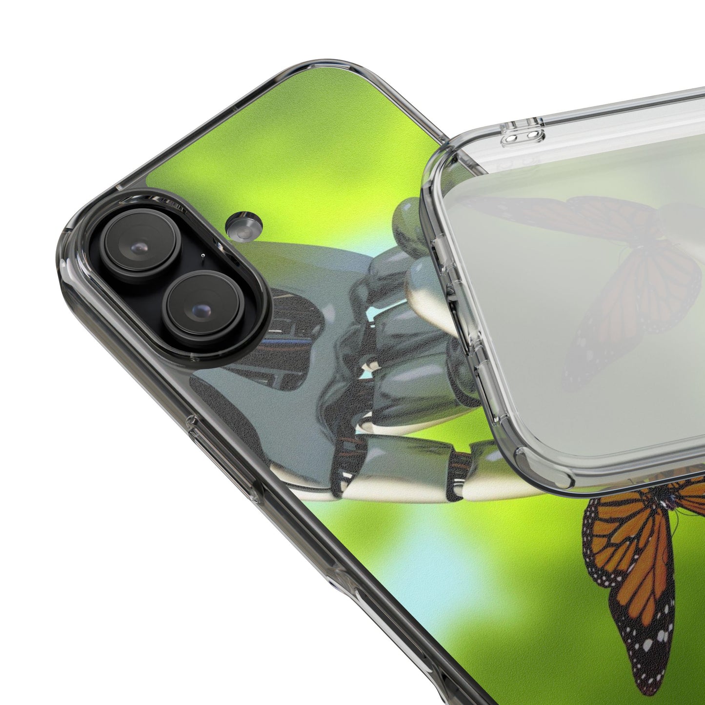 Clear Cases for iPhone 14 Series with Robotic hand and Butterfly.