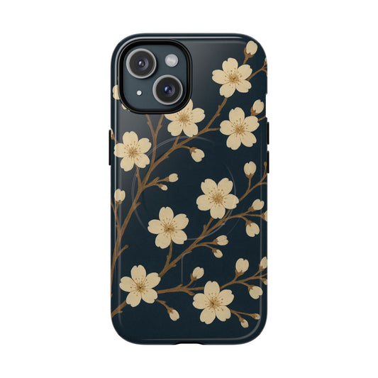 Navy Cherry Blossom Floral iPhone Case - Compatible with MagSafe
