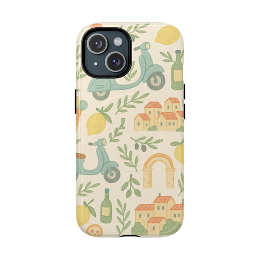 Italian Summer Drawing iPhone Case — Lemon & Vespa Pattern Tough MagSafe Case Shamo's iPhone 15 / Glossy