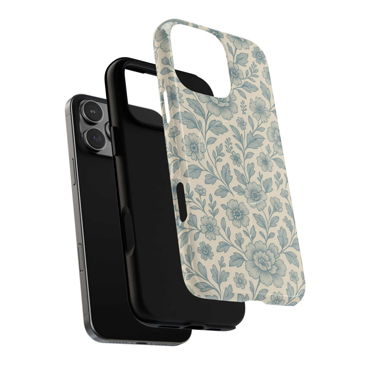 Vintage Blue Floral Tough Case for iPhone - Compatible with MagSafe