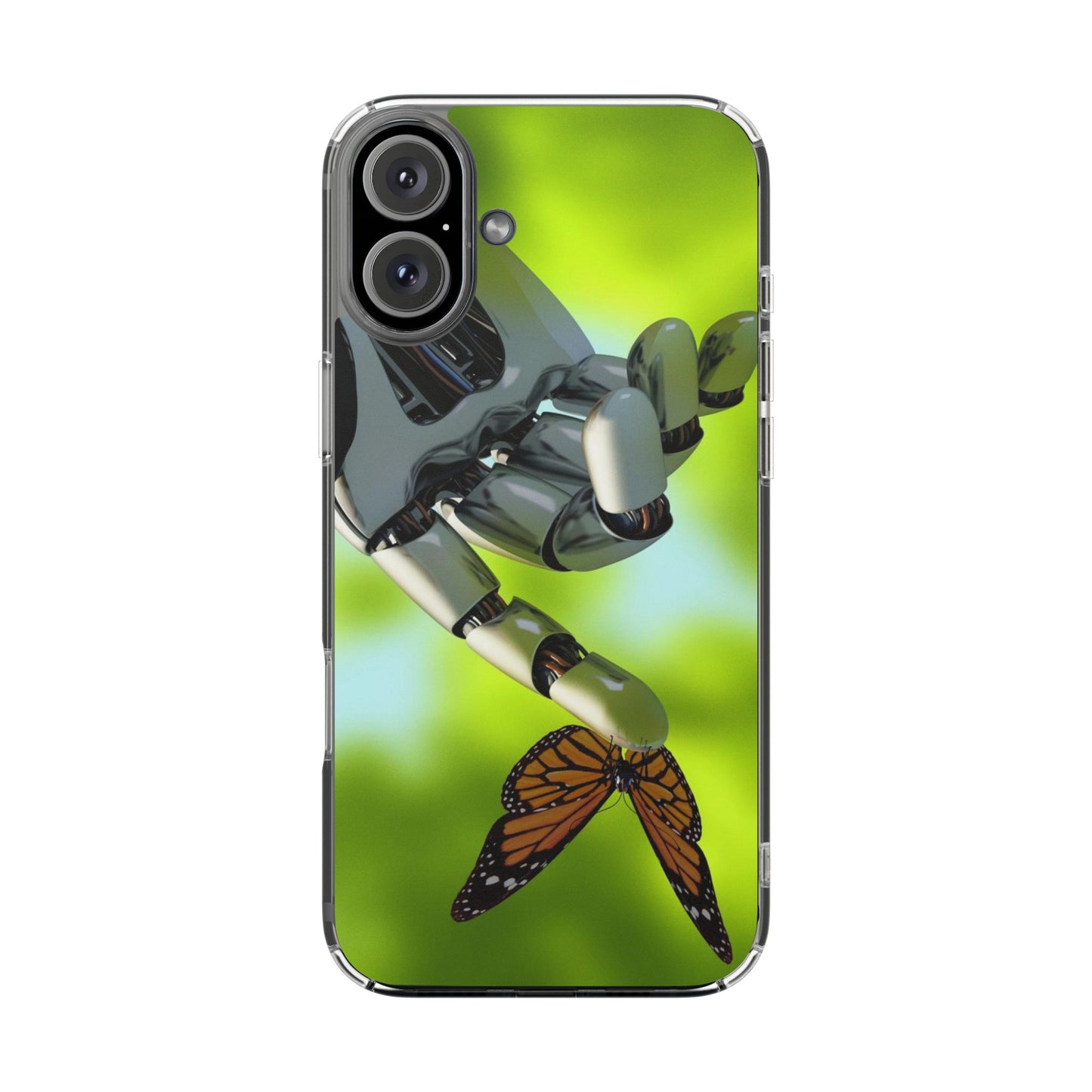 Clear Cases for iPhone 14 Series with Robotic hand and Butterfly.