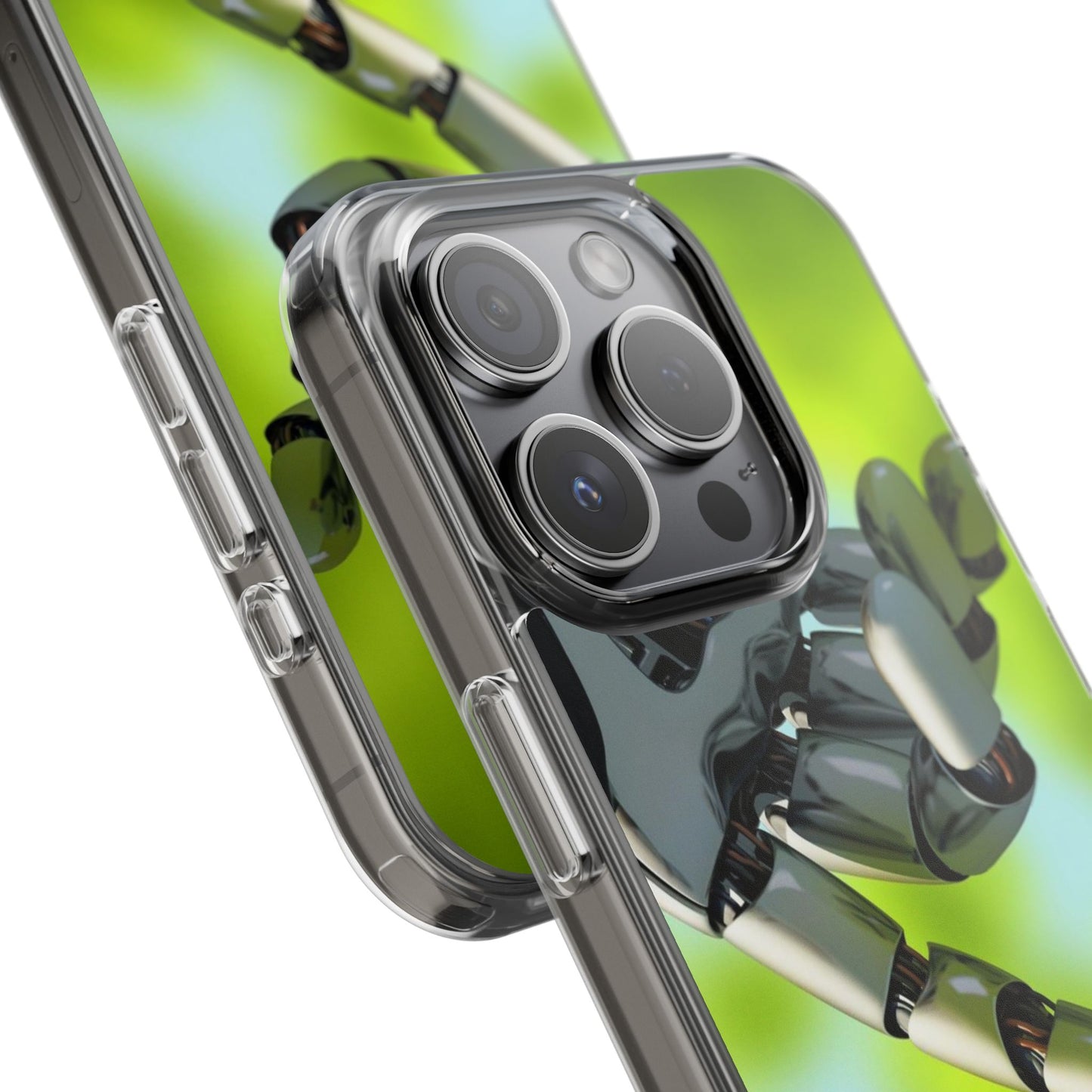 Clear Cases for iPhone 14 Series with Robotic hand and Butterfly.