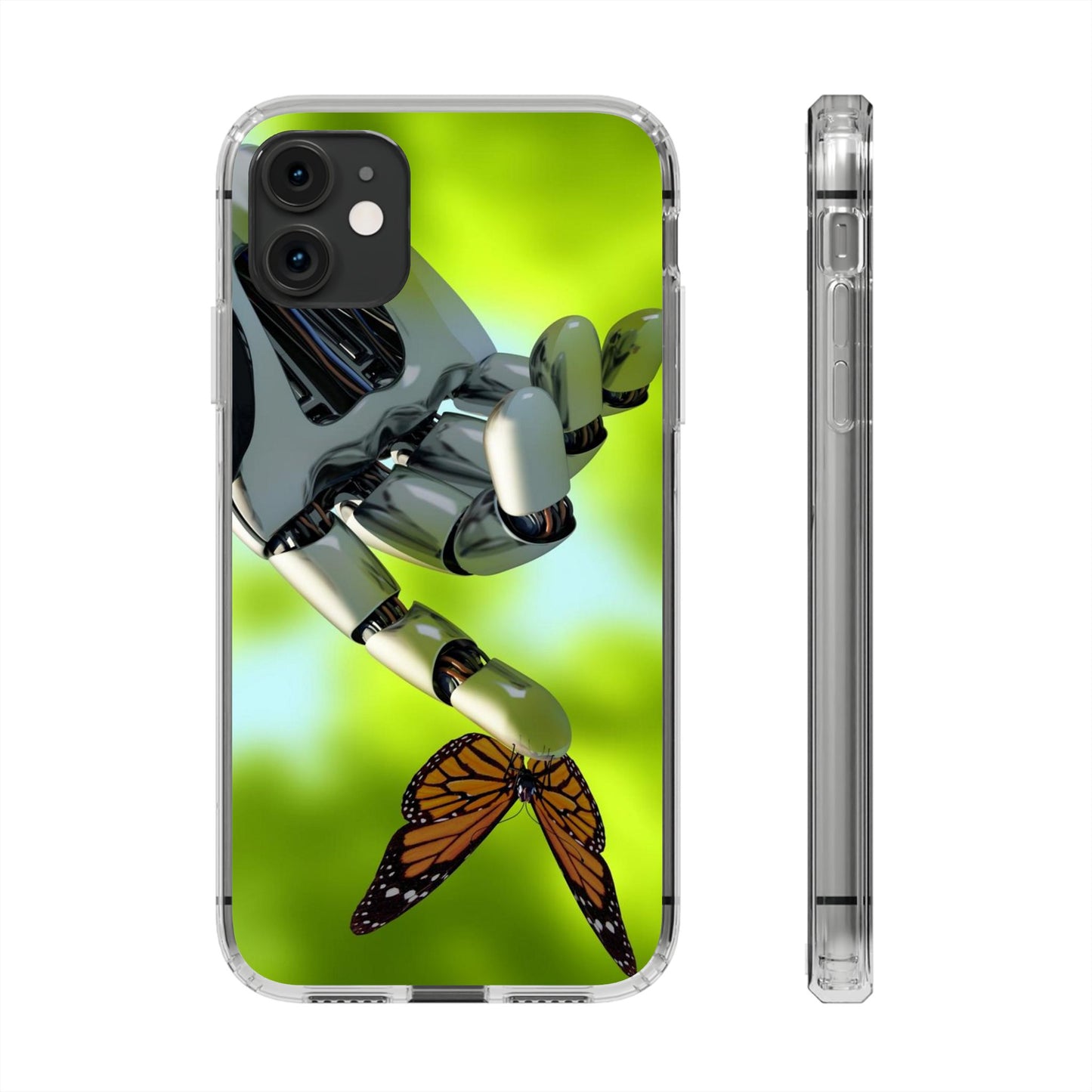 Clear Cases for iPhone 14 Series with Robotic hand and Butterfly.