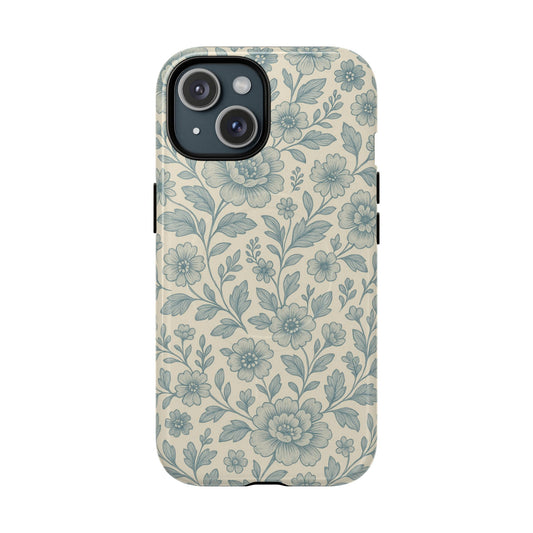 Vintage Blue Floral Tough Case for iPhone - Compatible with MagSafe