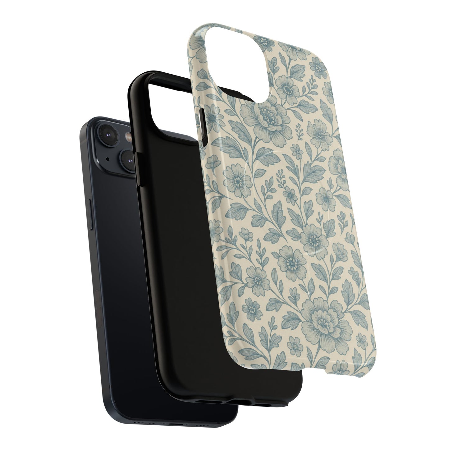 Vintage Blue Floral Tough Case for iPhone - Compatible with MagSafe