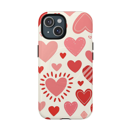 Heart Pattern Tough iPhone Case — Cute Red & Pink Hearts Protective Cover (MagSafe compatible)