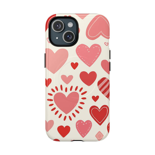Heart Pattern Tough iPhone Case — Cute Red & Pink Hearts Protective Cover (MagSafe compatible) Shamo's iPhone 15 / Glossy