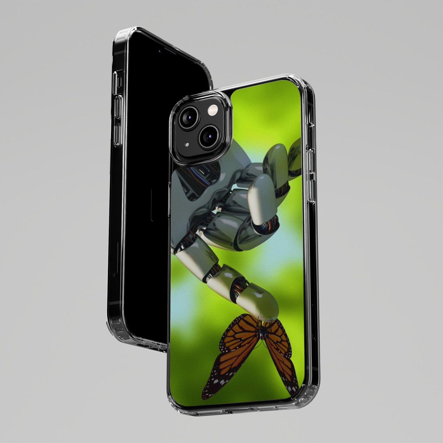 Clear Cases for iPhone 14 Series with Robotic hand and Butterfly.