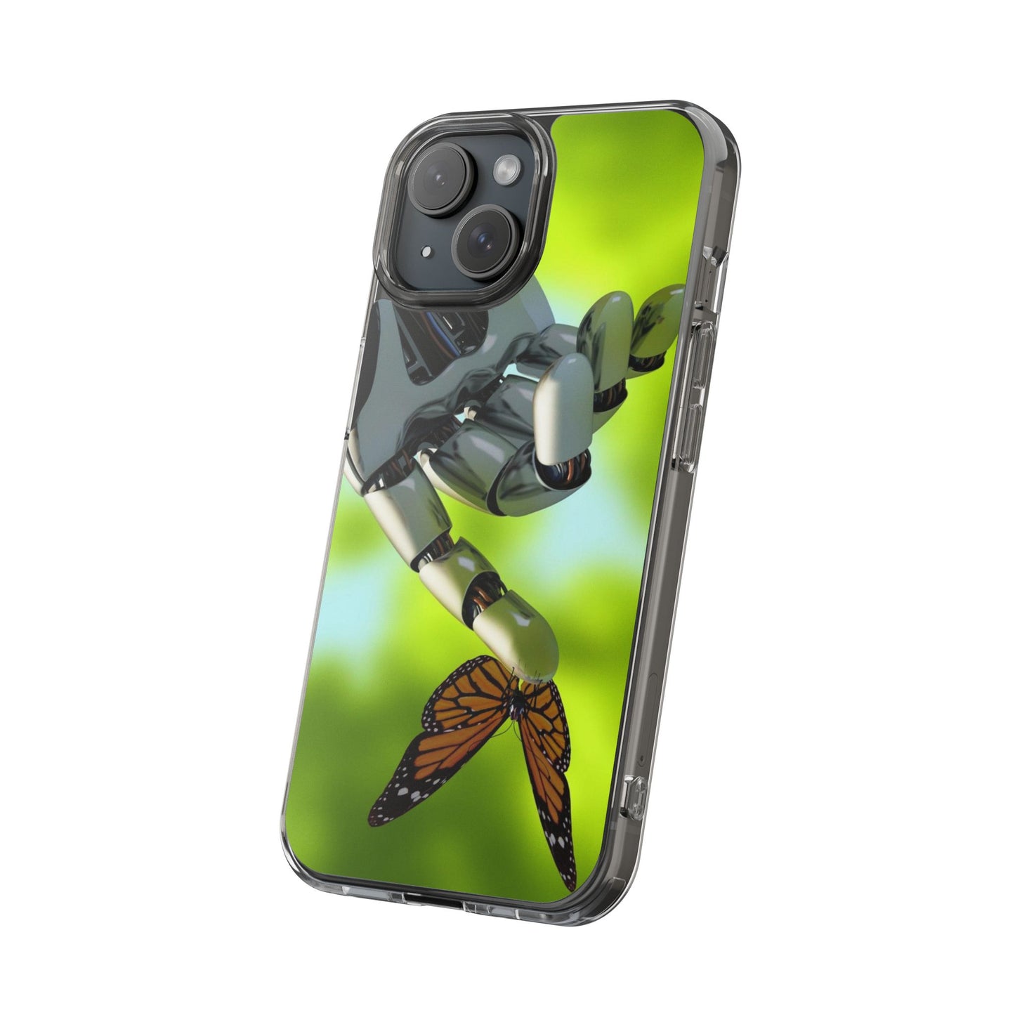 Clear Cases for iPhone 14 Series with Robotic hand and Butterfly.
