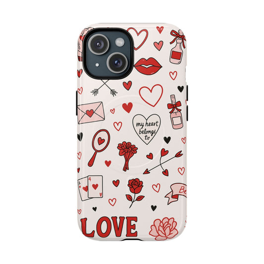 Romantic Love Doodle Tough iPhone Case ("LOVE", hearts, roses) (MagSafe compatible) Shamo's iPhone 15 / Glossy