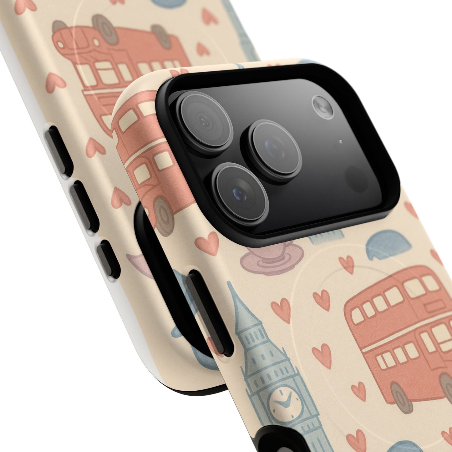London Icons Hand-Drawn iPhone Case — Cute Double-Decker Bus & Big Ben Pattern with MagSafe compatibility