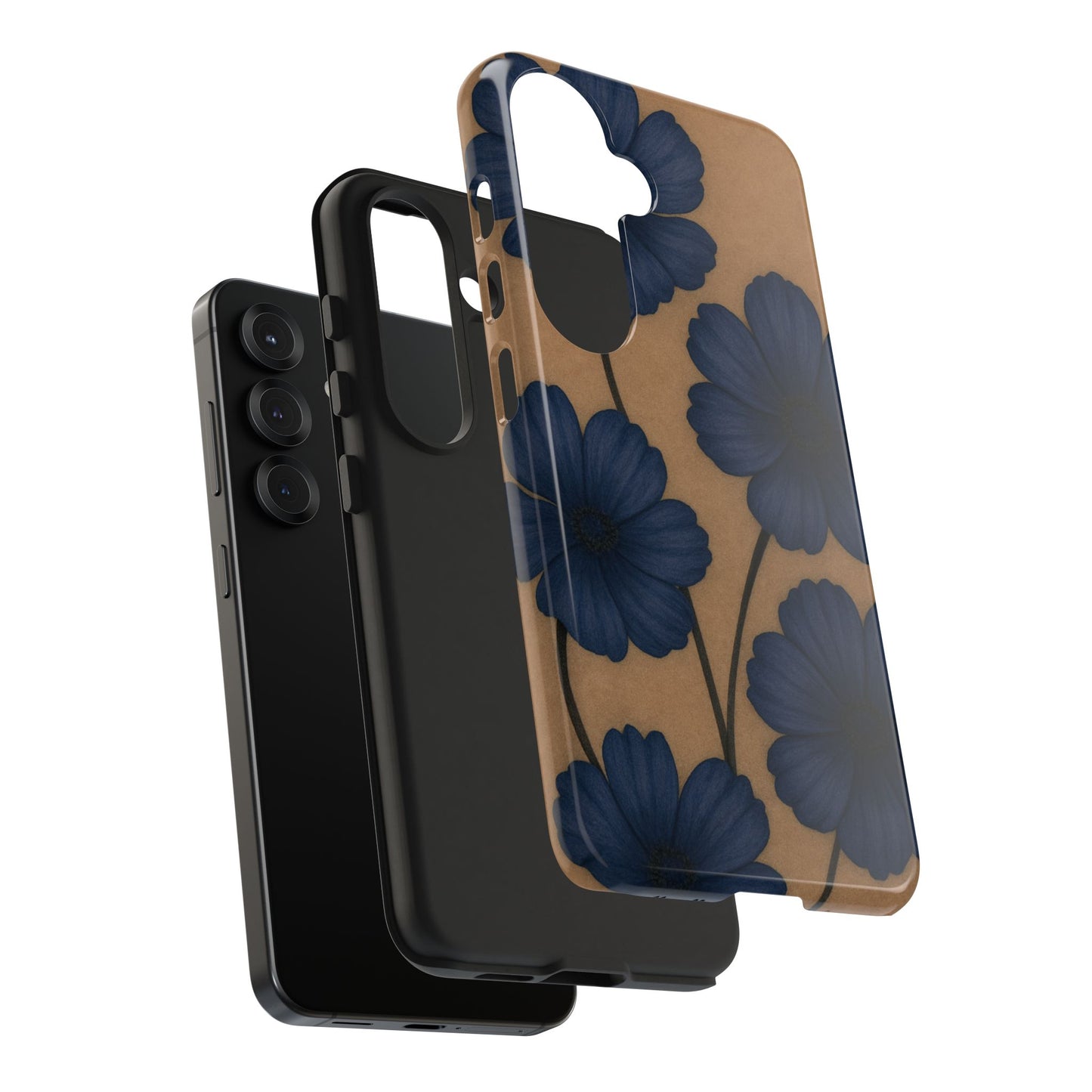Navy Floral Tough iPhone Case — Durable Protective Case with Blue Flowers on Kraft Background