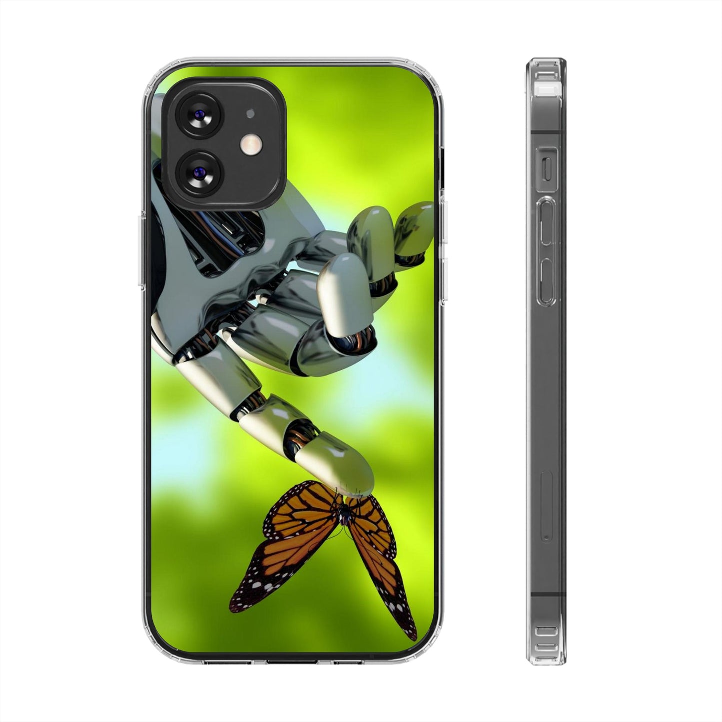Clear Cases for iPhone 14 Series with Robotic hand and Butterfly.