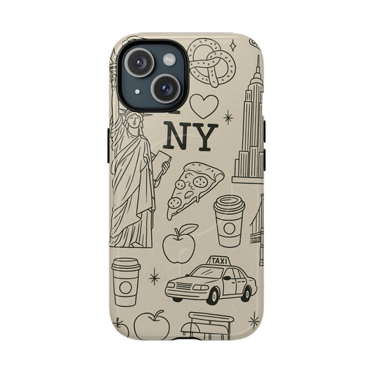 NY City Icons Tough iPhone Case — Statue of Liberty, Pizza & Taxi Pattern | Compatible with MagSafe Shamo's iPhone 15 / Glossy