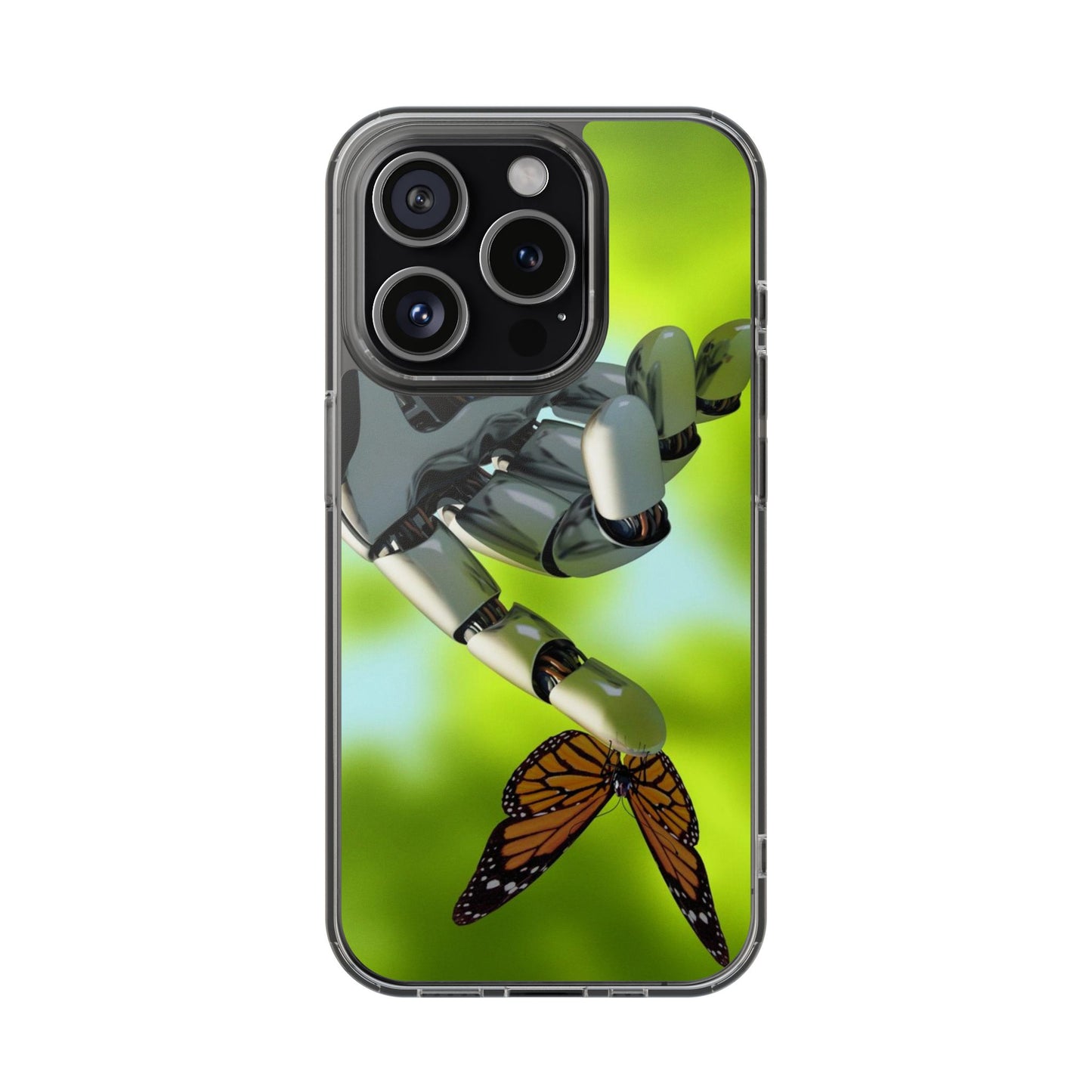 Clear Cases for iPhone 14 Series with Robotic hand and Butterfly.