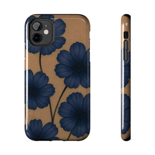 Navy Floral Tough iPhone Case — Durable Protective Case with Blue Flowers on Kraft Background