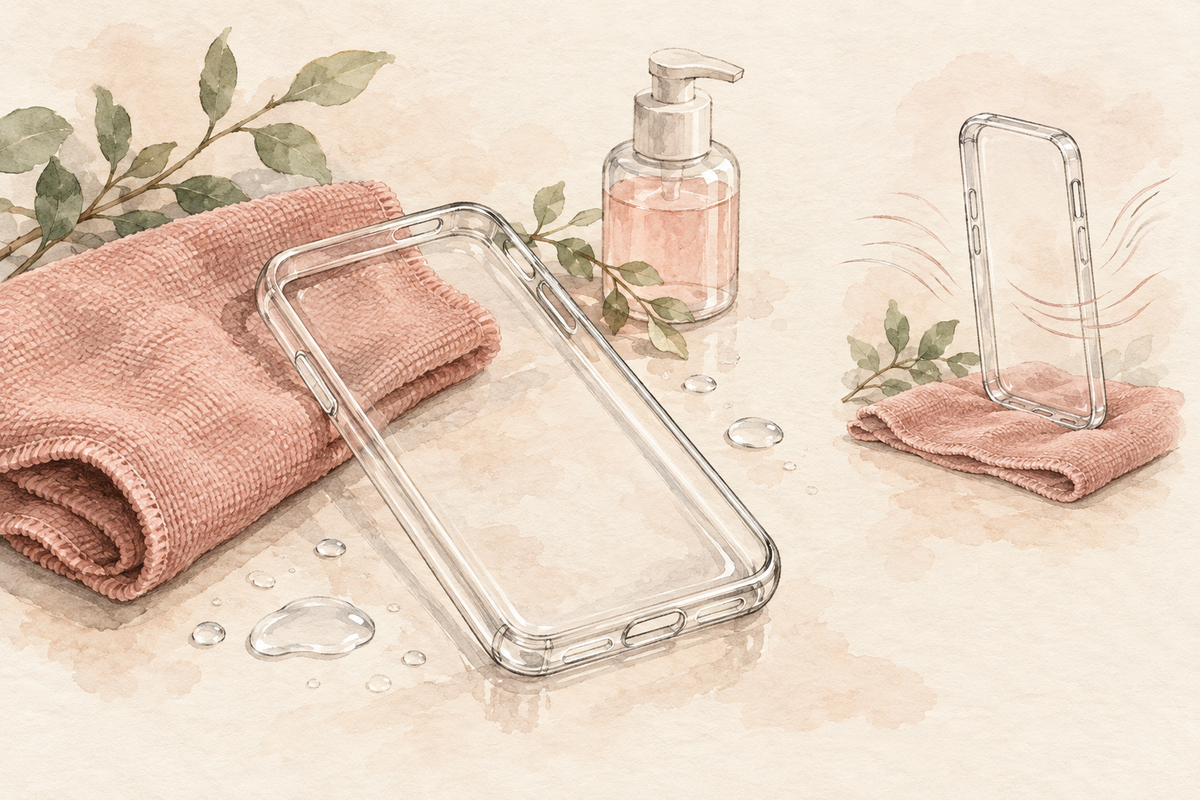 Watercolor sketch of an empty clear case, a soft rose-colored cloth and mild soap, with an empty case air-drying nearby