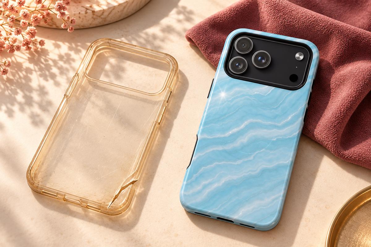 A worn clear case with a split lower corner beside a blue marble-cased iPhone and a burgundy microfiber cloth