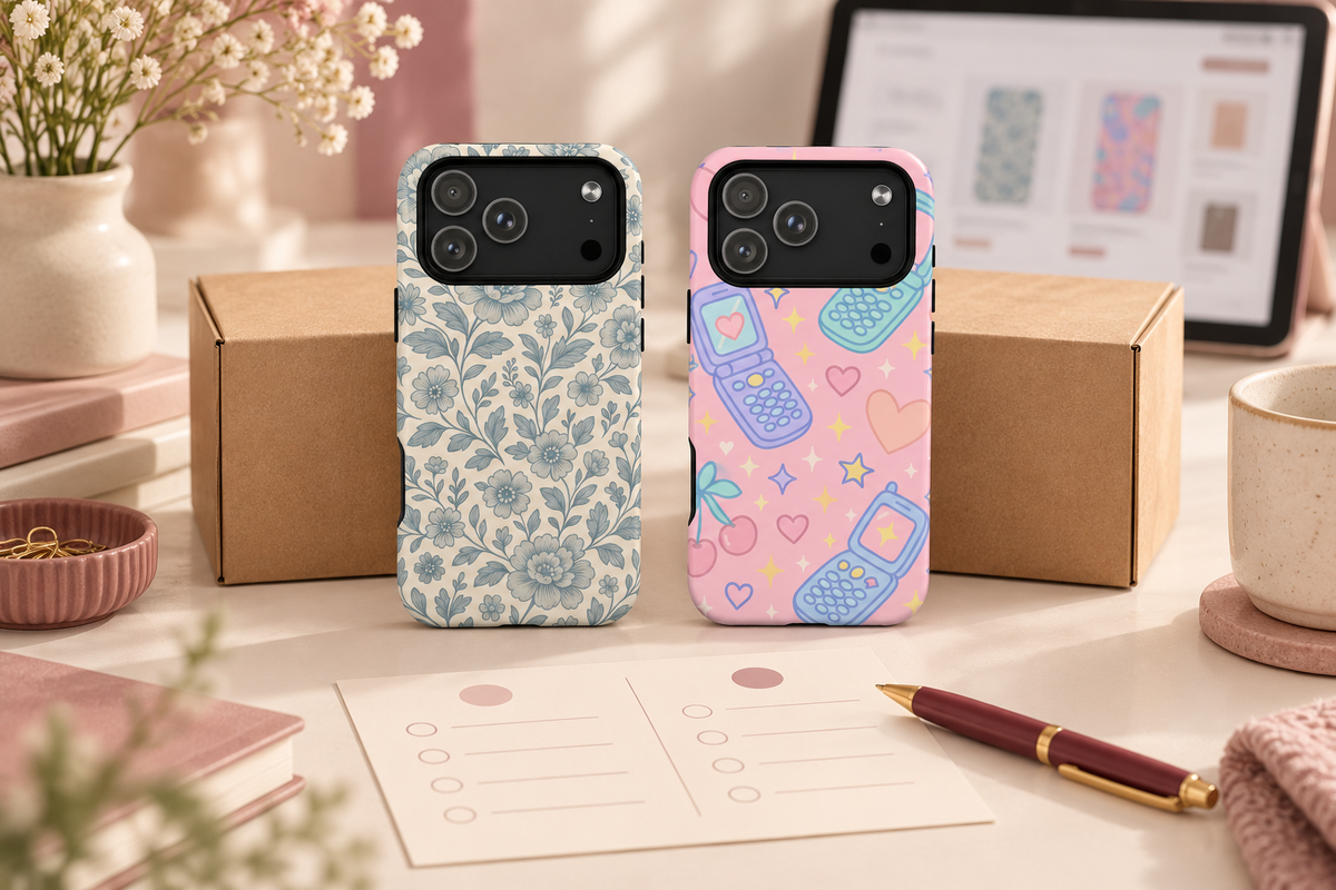 Vintage Blue Floral and Retro Phone cases beside plain parcels and a shopping comparison checklist