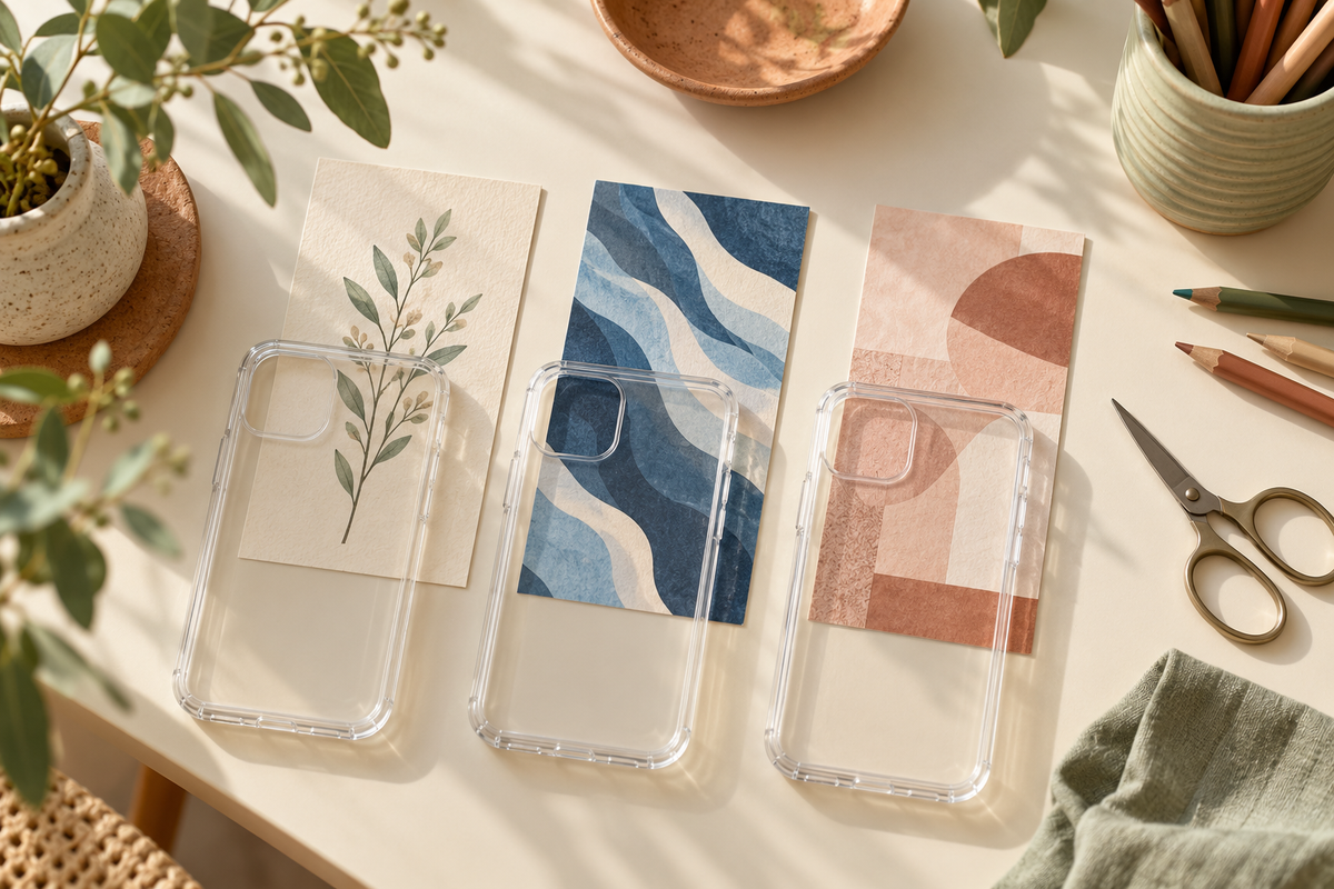 Empty clear phone cases beside botanical, blue-wave and geometric paper designs on a craft desk.