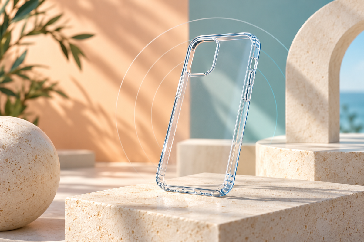 Illustration of a transparent phone case on a cream pedestal with soft teal and peach surroundings