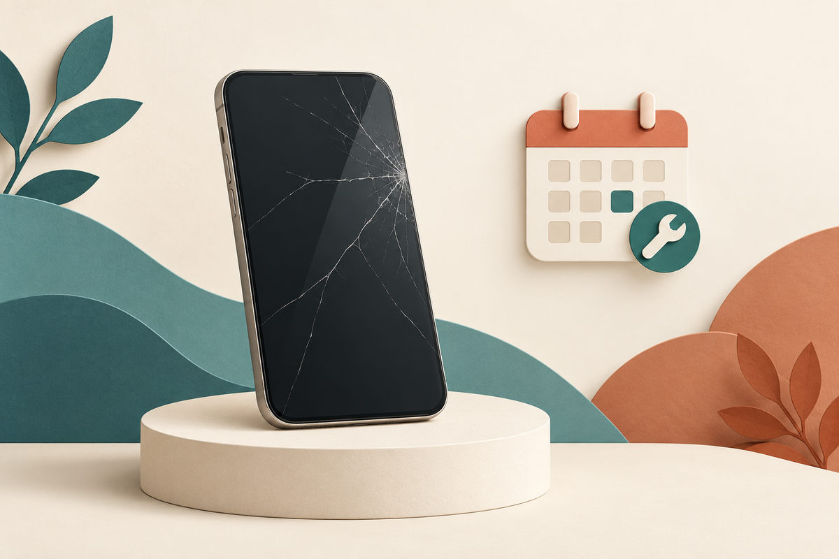 Editorial illustration of a cracked phone beside a calendar representing professional repair