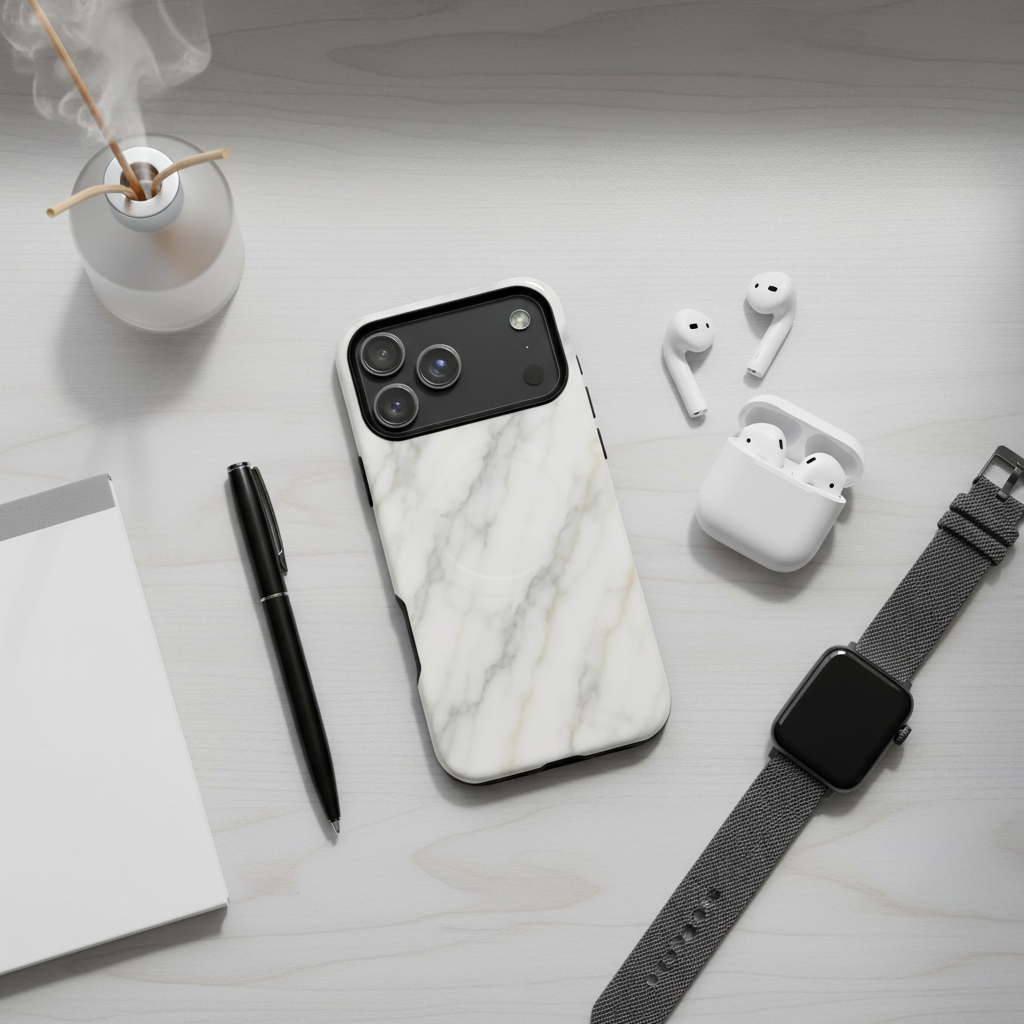 White marble-pattern phone case on a pale desk beside wireless earbuds, a watch, a notebook and a pen