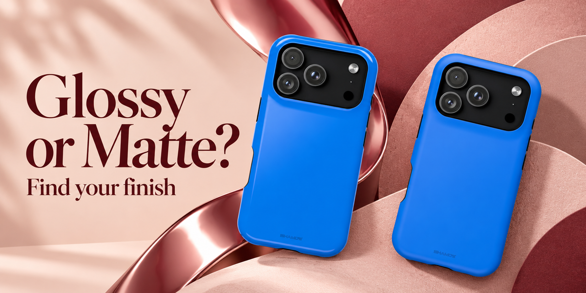 Editorial artwork with two cobalt blue phone cases, sculptural rose-colored shapes, and the words Glossy or Matte? Find your finish.