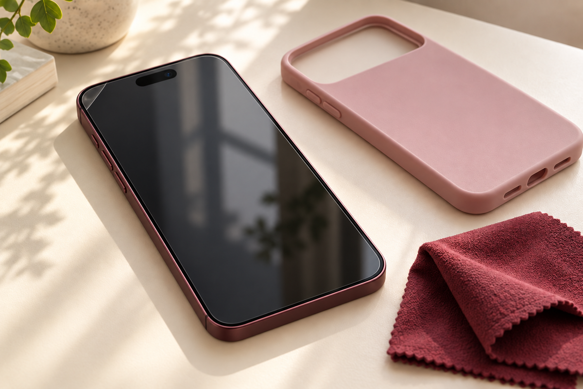 Phone with a small air gap at a screen-protector corner beside a blush case and burgundy microfiber cloth
