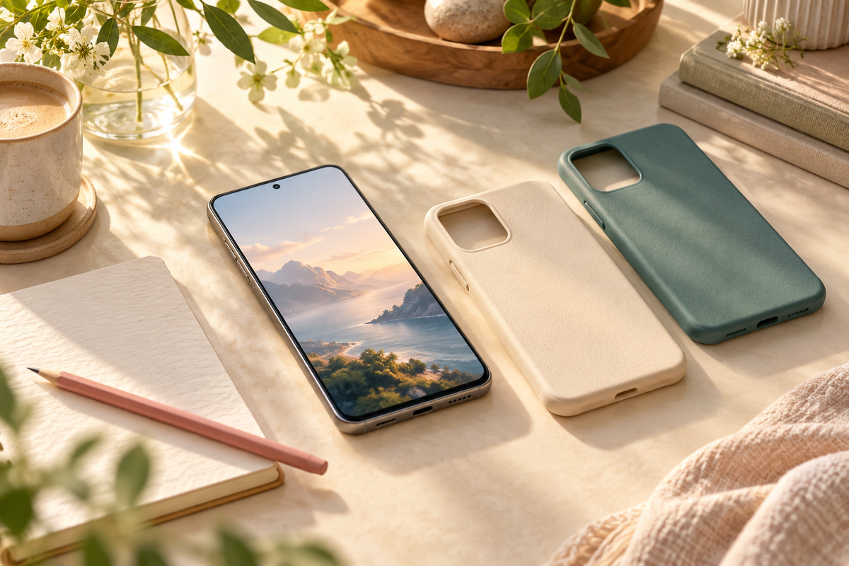 Concept illustration of a smartphone and two protective cases beside a notebook
