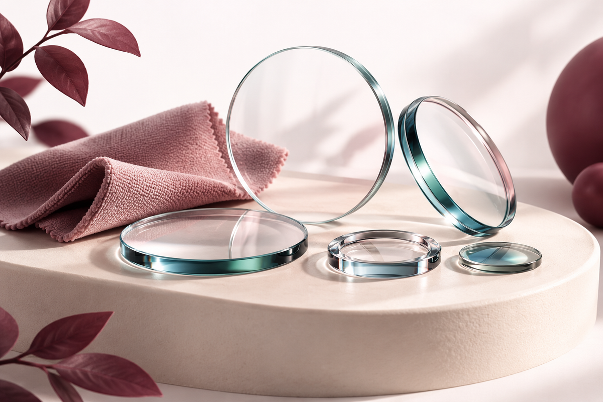 Abstract glass discs with teal edges beside a dusty rose cleaning cloth on a cream pedestal, framed by plum leaves.
