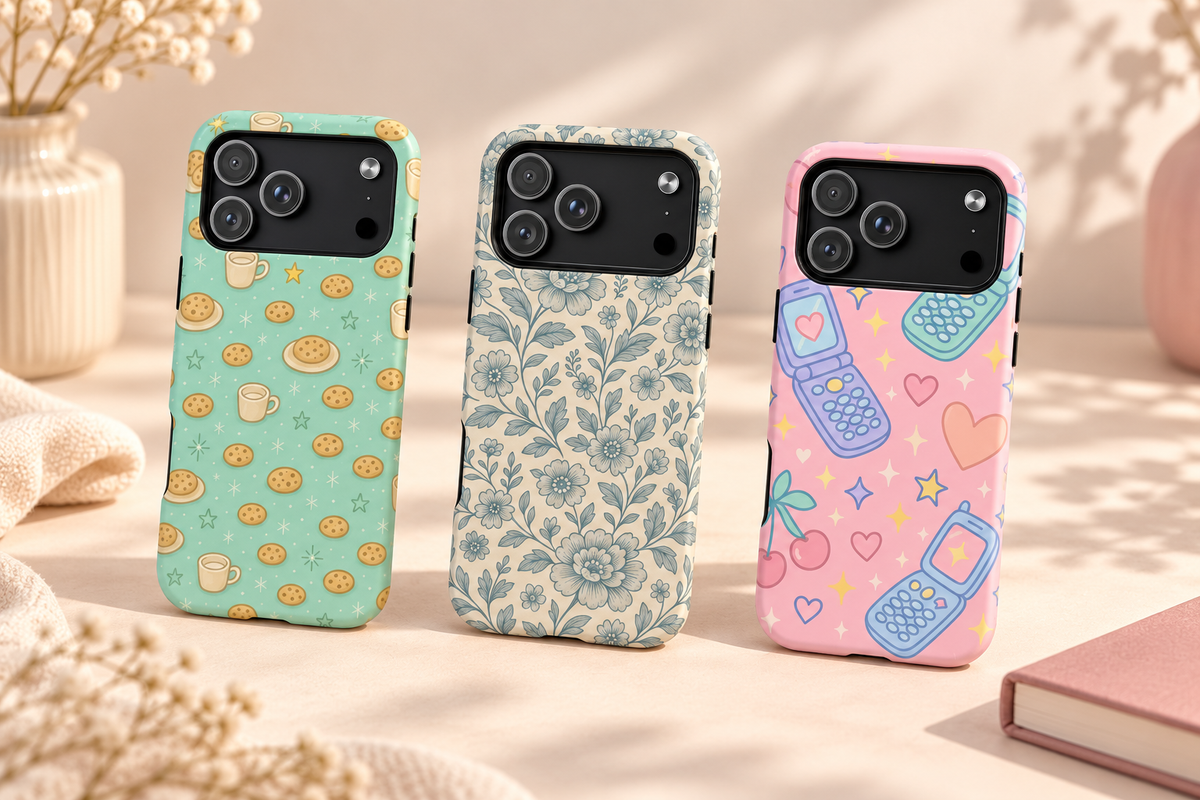 Cookie and Coffee, Vintage Blue Floral and Retro Phone cases arranged on an ivory tabletop