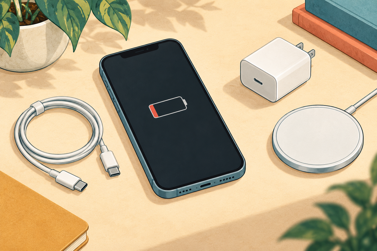 Editorial illustration of an iPhone with a low battery beside an intact charging cable, adapter and wireless pad