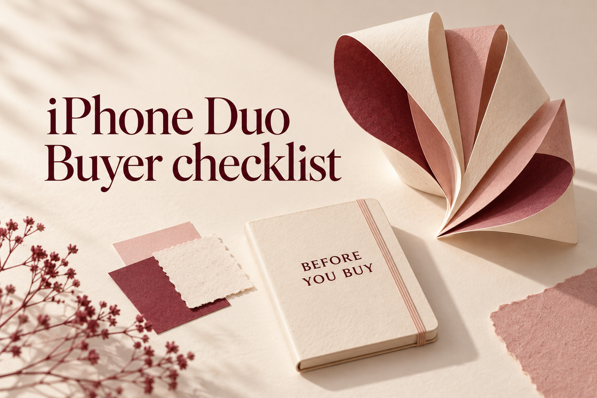 Conceptual paper illustration for an iPhone Duo buyer checklist, with a notebook reading Before You Buy and ivory, blush and burgundy paper swatches.