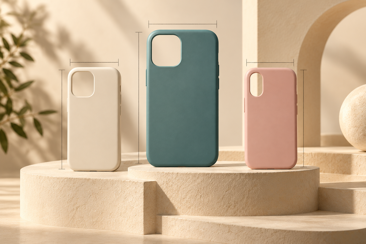 Concept illustration of three different phone-case shapes on cream pedestals