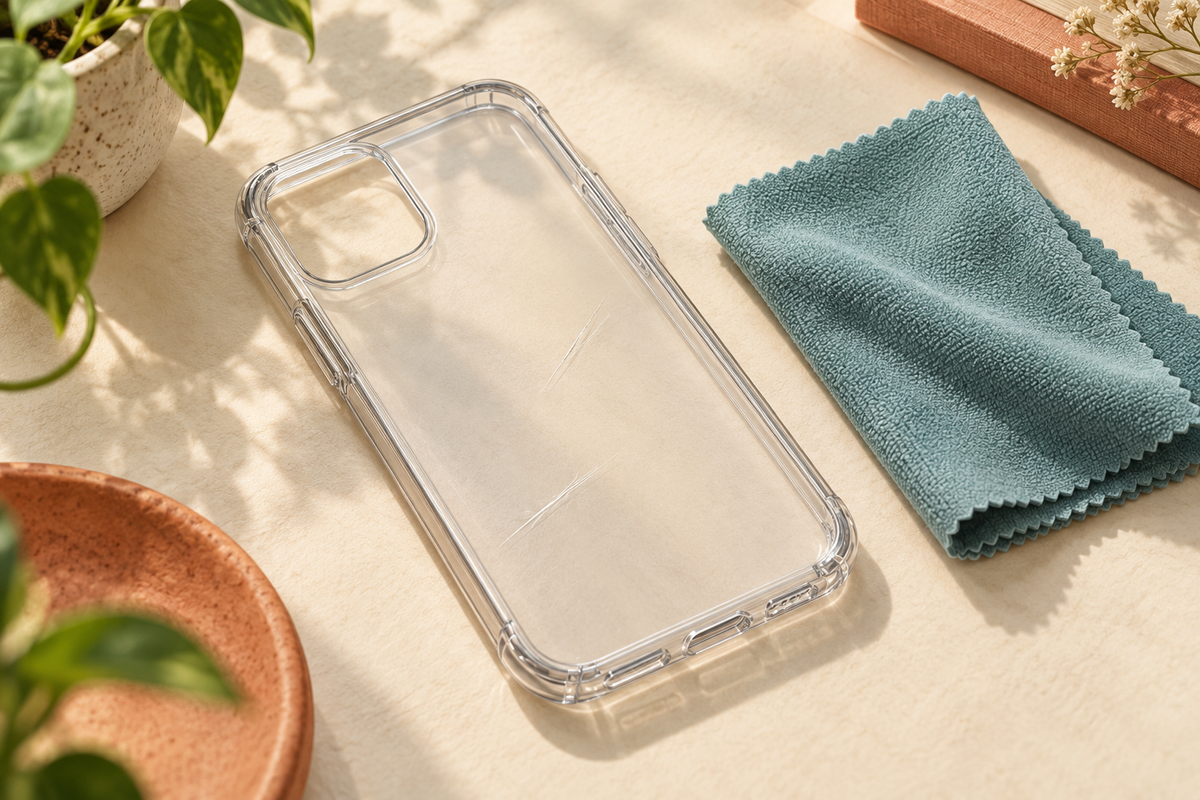 Illustration of an empty clear phone case with surface scuffs beside a microfiber cloth
