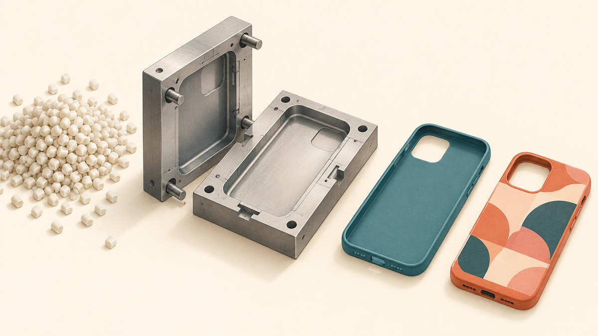 Conceptual illustration of resin pellets, a mold and generic phone cases; not a factory photograph