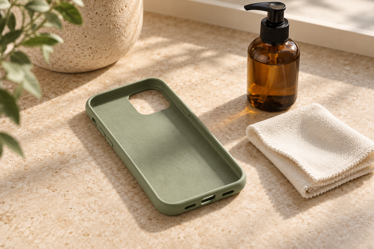 Empty sage phone case beside a soft cleaning cloth on a neutral tabletop.