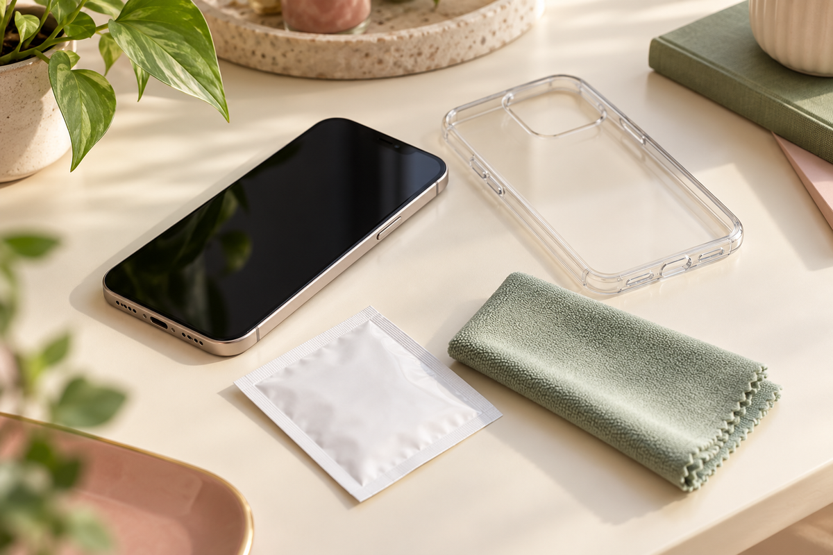 A powered-off phone, removed case, microfiber cloth and plain wipe packet arranged separately on a desk