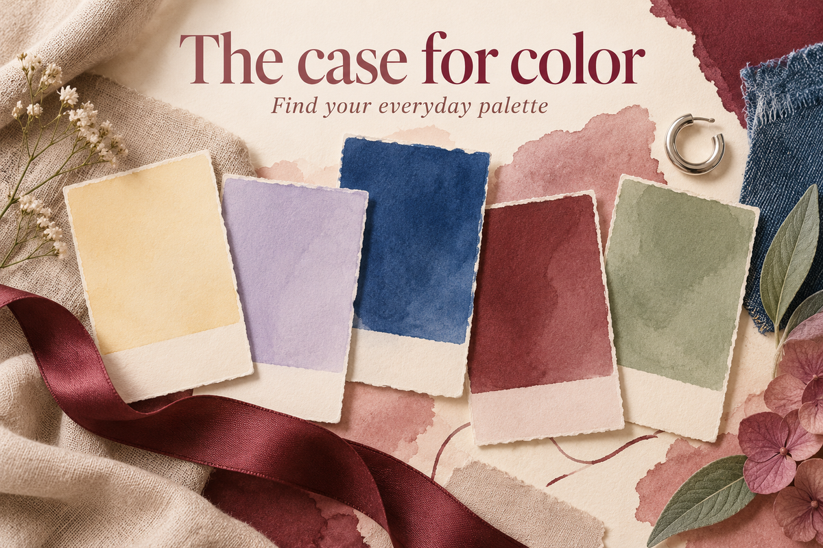 Buttercream, lilac, blue, burgundy and sage color swatches with linen, denim and a ribbon