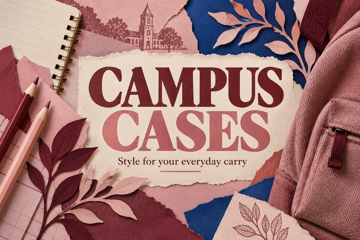 Campus Cases headline surrounded by blush paper, a notebook, pencils, leaf shapes and a backpack pocket