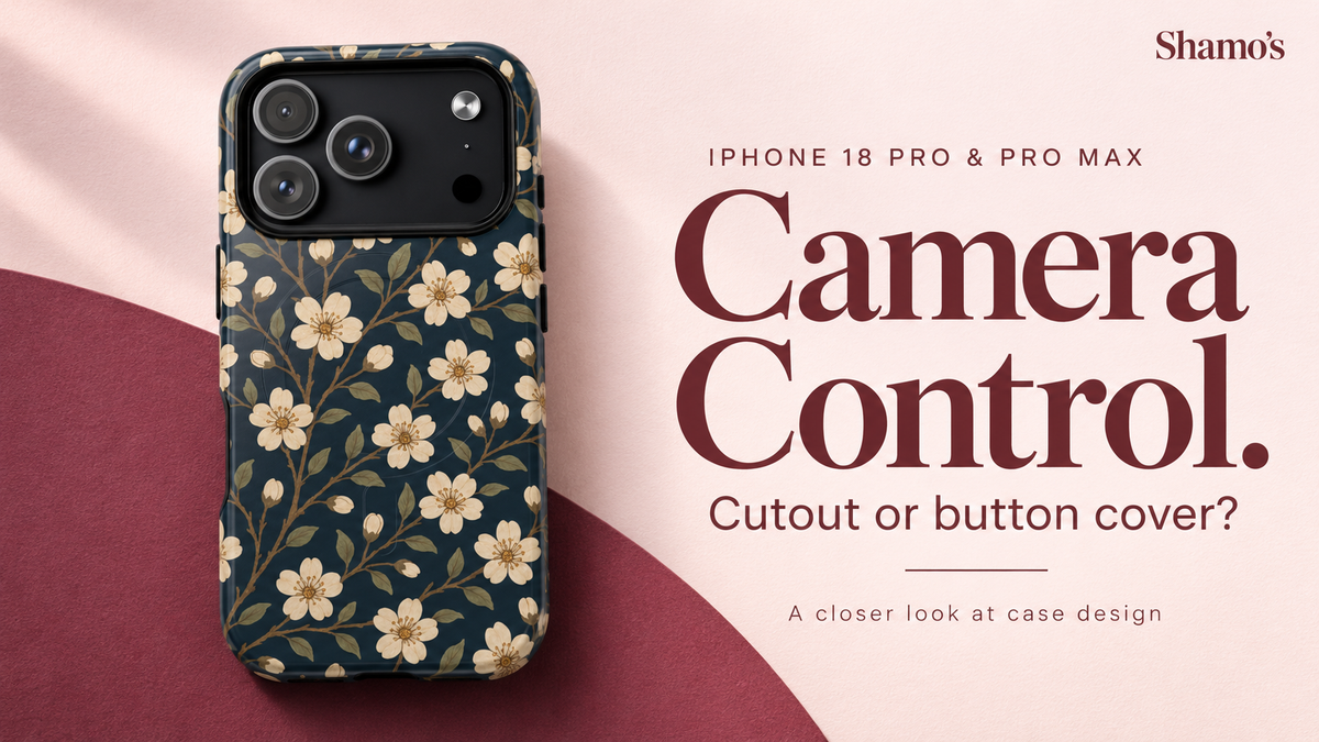 Shamo's Camera Control guide cover with the Navy Cherry Blossom case on a blush and burgundy background and the text: Cutout or button cover?