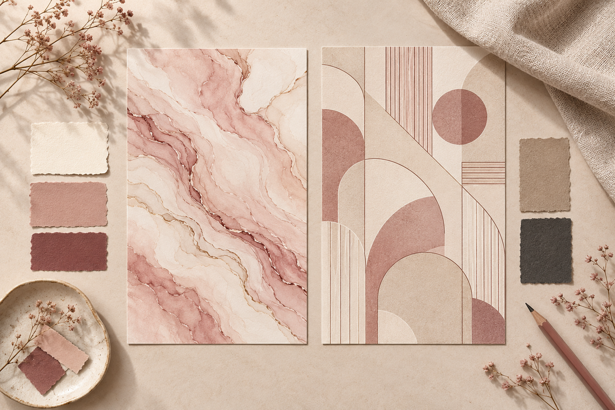 Blush marble and rose geometric paper samples beside warm neutral color swatches