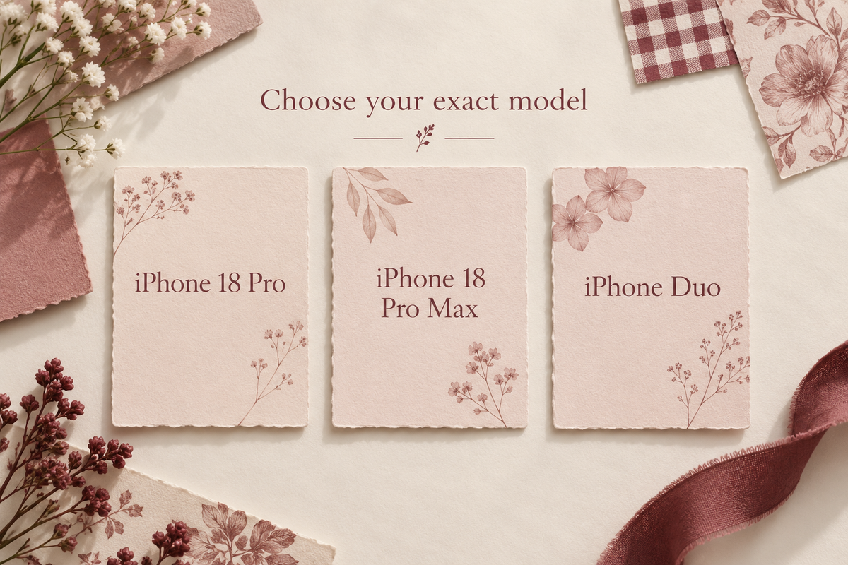 Three blush paper cards labeled iPhone 18 Pro, iPhone 18 Pro Max and iPhone Duo beneath Choose your exact model
