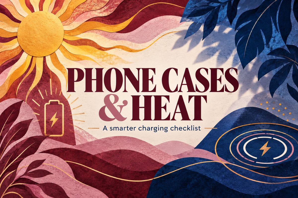 Phone Cases and Heat headline surrounded by layered rose sun rays, blue shade leaves, a battery and charging rings