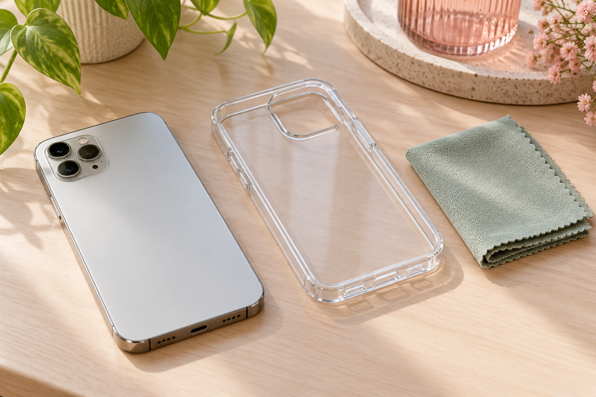 A phone beside its removed clear case and a soft microfiber cloth on a clean desk