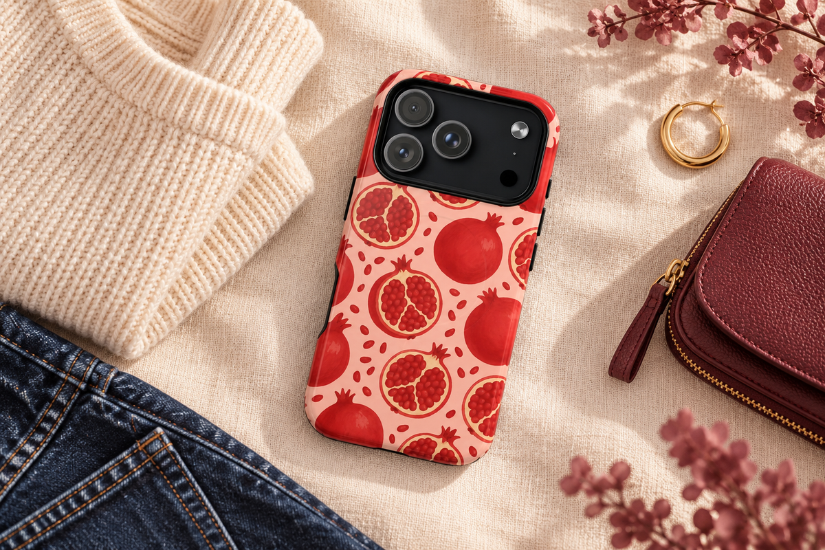 Pomegranate-pattern phone case on ivory linen beside a cream knit sweater, dark denim, a burgundy pouch and a gold hoop earring