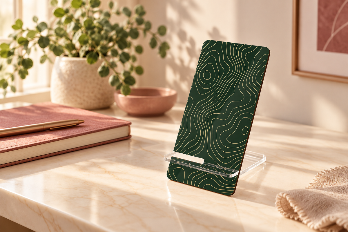 Green topographic phone stand on a sunlit cream desk beside a rose notebook and leafy plant