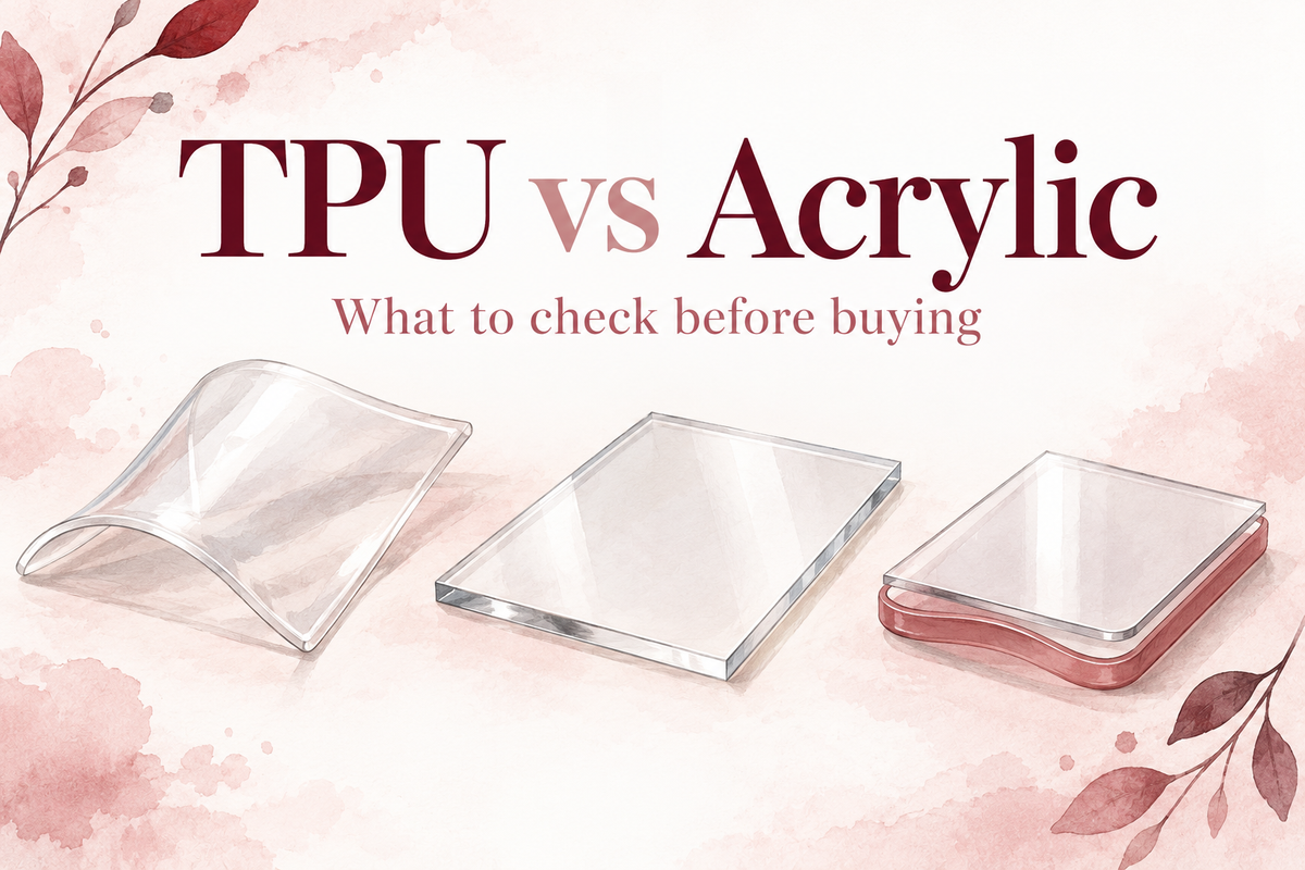 TPU vs Acrylic buying guide cover showing flexible, rigid and layered clear material samples on a blush background