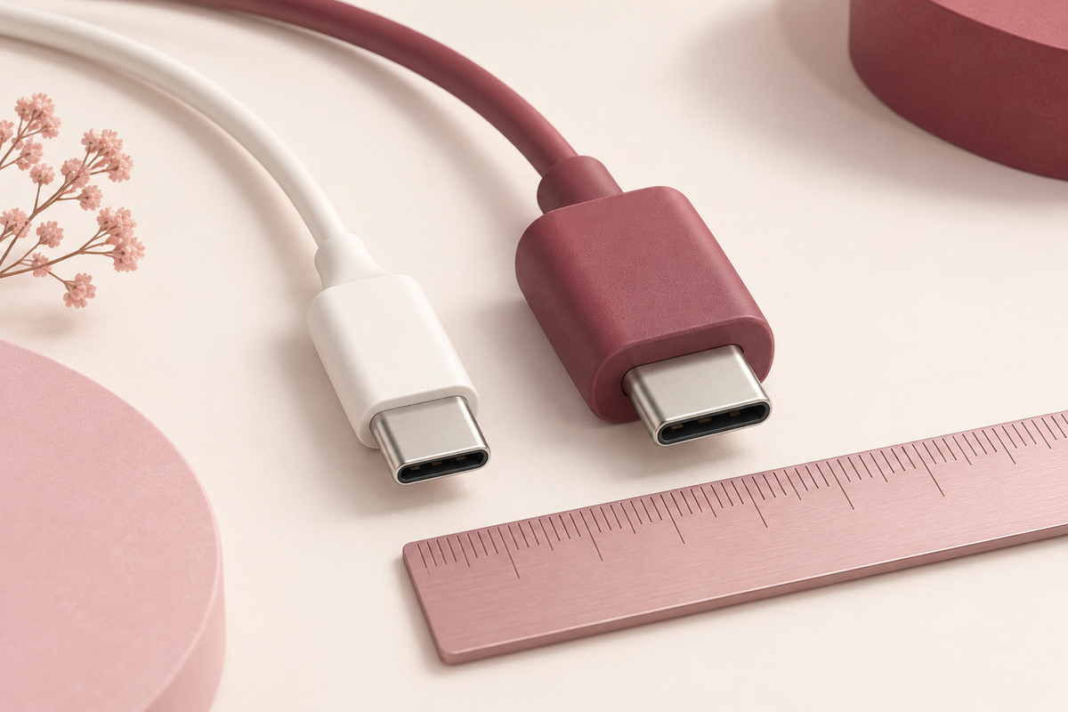Two USB-C cable plugs with slim and broad housings beside a ruler on a cream background